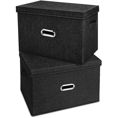 Valease Large Linen Fabric Foldable Storage Bins with Removable Lid and Handles, Washable Storage Box Organizer Containers Baskets Cube with Cover for Bedroom,Office(Black, Large(2-Pack)) Cover