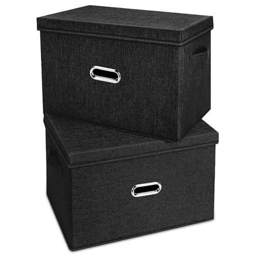 Image of Large Linen Fabric Foldable Storage Bins with Removable Lid and Handles, Washable Storage Box Organizer Containers Baskets Cube with Cover for Bedroom,Office(Black, Large(2-Pack))