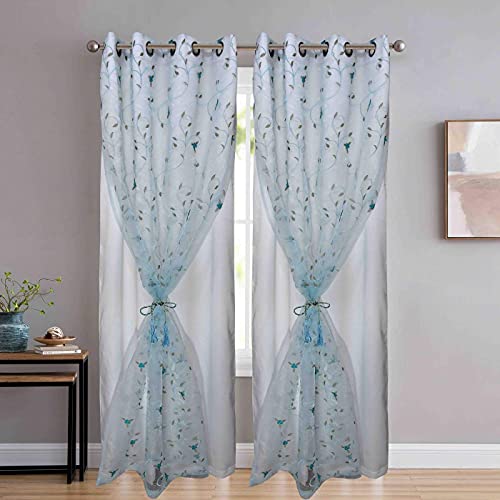 Image of Polyester Floral Embroidery Door Curtains for Living Room /Bedroom (7 Feet, Sky Embroidery + White Blackout) Set of 2 Pieces