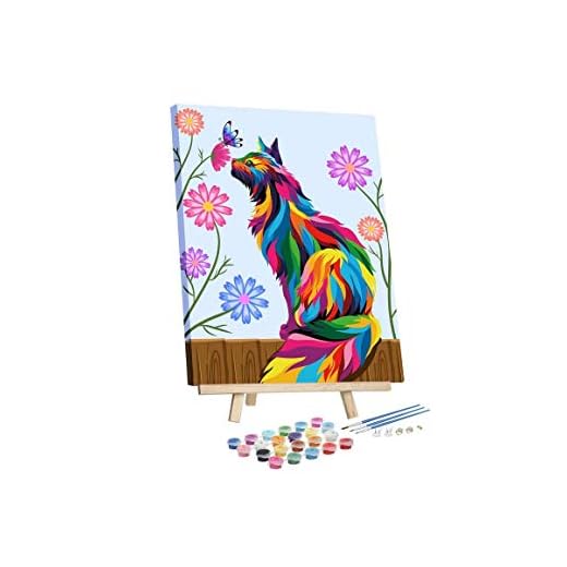 Dydjoy Paint by Numbers for Adults & Kids,DIY Acrylic Painting Kit – 12” x 16” Colorful Cats and Flowers with Wooden Easel