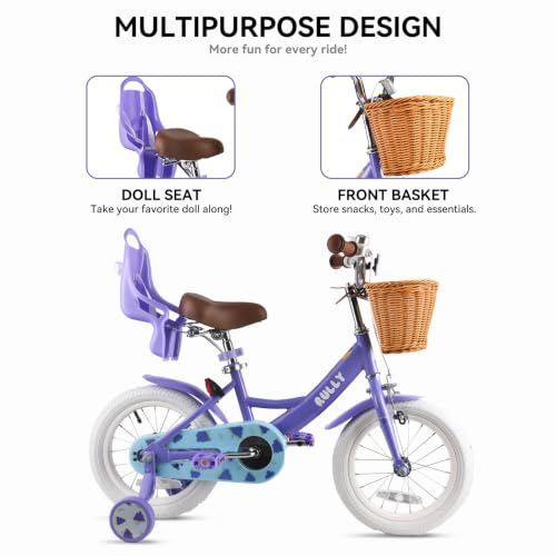 Image of RULLY Fruit Kids Bike 12 14 16 Inch Bicycle for Girls Ages 2-7 Years, Training Wheels Included, Girl Bikes with Basket & Doll Seat
