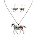 MENGDA Women Jewelry Oil Drip Rainbow Horse Pendant Necklace Earrings Set (WHITE)