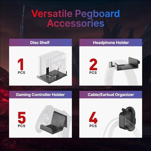 Image of PEGZONE Controller and Headphone Holder Wall Mount, Modular Gaming Pegboard with Accessories, Controller Stand for Xbox PS5 PS4 Switch, Video Game Storage, Disc Shelf, 7pcs Pegboard, Black & Red