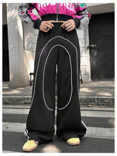 OYOANGLE Men's Striped Print Elastic Waist Straight Leg Pants Trendy Track Pants with Pocket Streetwear3