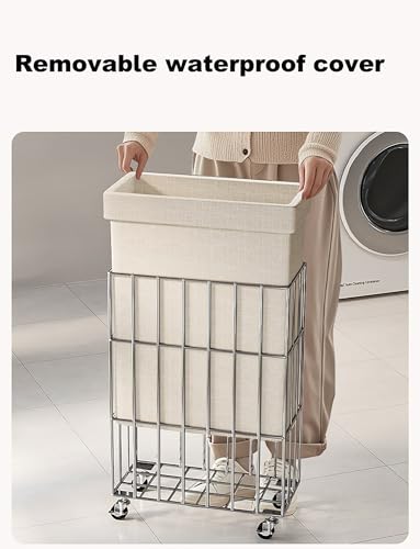 Small Square Laundry Basket with Waterproof Cloth Cover, Removable, Brakeable Wheels, Carbon Steel Frame, Portable Laundry Organizer, Stylish Hamper for Home Use