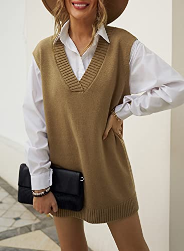 image for EVALESS Plus Size Sweater Vest Women V Neck Sleeveless Brown Knit Swea