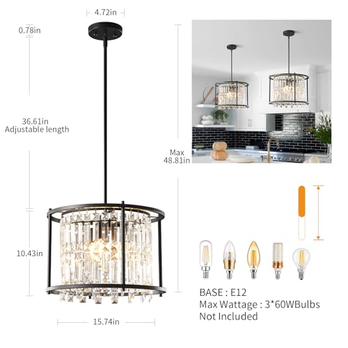 Image of LMQNINE Modern Foyer Chandelier, Black Crystal Chandelier Entryway Pendant Light Fixture, Round Adjustable Height Chandeliers for Kitchen Island, L15.74'' x H10.43''