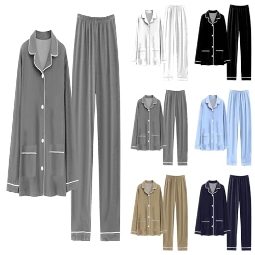 Mens Pajamas Set Soft Stretch Long Sleeve Loungewear Button Down Lightweight Breathable Cozy Sleepwear With Pockets