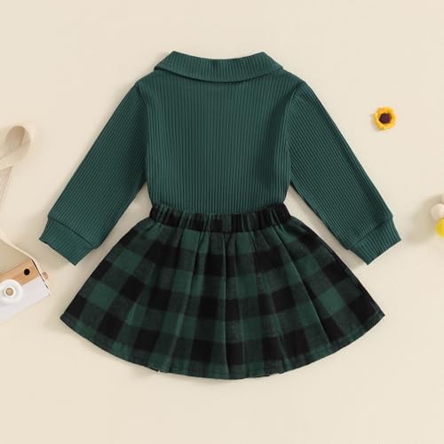 Image of BeQeuewll Fall Winter Toddler Baby Girl Clothes 2Pcs Long Sleeve Ribbed Knit Shirt Plaid Skirt 1T 2T 3T 4T 5T Girls Dress