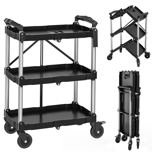 Image of YITAHOME 3-Tier Folding Utility Cart with Wheels (2 Brakes), 350lbs | Foldable Service Cart Collapsible Rolling Cart w / 360 Swivel Wheels, Portable Tool Cart for Home Garage Restaurant Office