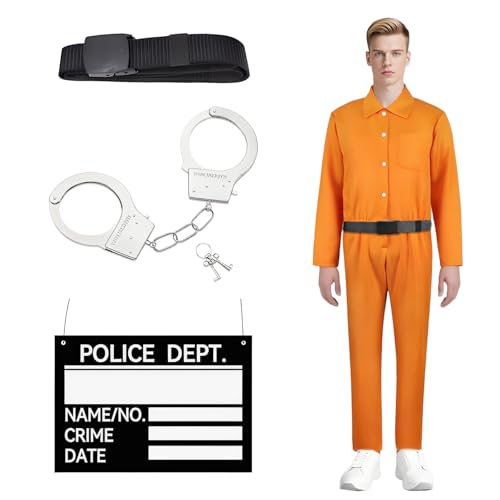 Maazusa Disfraz de prisionero para hombre, color naranja, mono con cinturón de matrícula, máscara para los ojos, esposas, mono de prisionero, disfraz para Halloween, carnaval, fiesta (L)