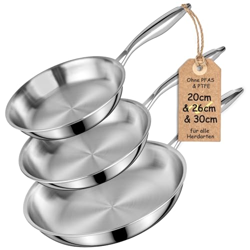Terlulu Dreilagige Edelstahl-Bratpfannen-Set 20/26/30 cm – Edelstahlpfanne unbeschichtet & Induktionspfanne, PTFE/PFAS/PFOA-frei, Für Alle Herdarten, Schnellwärmend, Backofenfest & Spülmaschinenfest