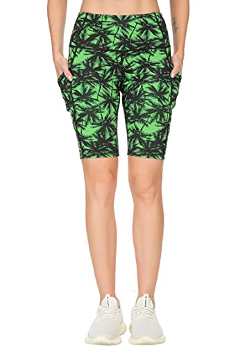 Workout Shorts for Women High Waisted, Running Yoga Athletic Cycling Sports Shorts 8\" with Pockets (Green Leaf Pattern, L)