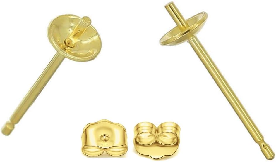 5 Pairs Adabele Real Yellow Gold Plated Sterling Silver Silver Stud Earring Posts Findings 0.7mm Pin 4mm (0.16 Inch) Small Glue in Pearl Cup 10pcs Earnut Backs for Earrings Making SS278-4