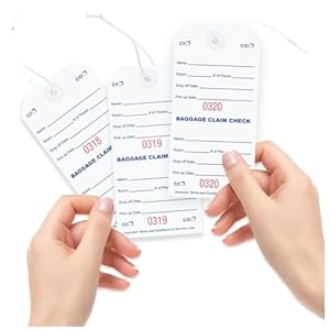 1000 Baggage Claim Check Tags with Red Numbering from 0001 to 1000. Elastic Strings Attached to Each tag with Reinforced Eyelet Around Hole Prevents Tearing. Size: 5 1/4″ (Height) x 2 5/8″ (Width)