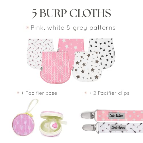 Dodo Babies 5-Pack Baby Burp Cloths – Soft, Absorbent Organic Muslin Burp Cloths – Includes Pacifier Case And 2 Pacifier Clips – Colors: Pink, White And Grey #TOP1