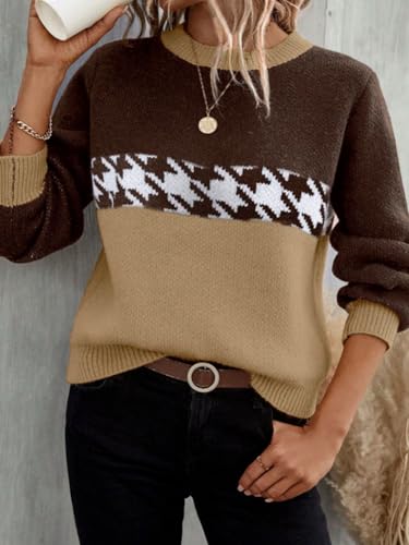 Image of chouyatou Women's Vintage Color Block Long Sleeve Pullover Sweater Houndstooth Printed Crewneck Jumper Tops