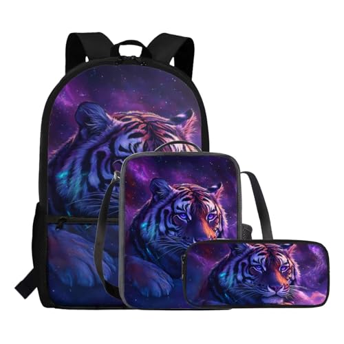 Tiger Backpack for Kids Cool Animal Bookbag with Lunch Box Attached Lightweight Purple Insulated Lunch Bag Tote Set of 3 Minimalist Pencil Case for Students