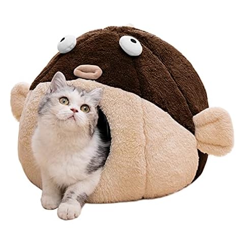 Cat Beds for Indoor Cats - Cat Bed Cave with Removable Washable Cushioned Pillow, Soft Plush Premium Cotton No Deformation Pet Bed, Lively Pufferfish Cat House Design, Brown, Multiple Sizes(S) Cover