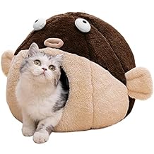 Cat Beds for Indoor Cats - Cat Bed Cave with Removable Washable Cushioned Pillow, Soft Plush Premium Cotton No Deformation Pet Bed, Lively Pufferfish cat House Design, Brown, Multiple Sizes