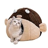 Picture of Cat Beds for Indoor Cats - Cat Bed Cave with Removable Washable Cushioned Pillow, Soft Plush Premium Cotton No Deformation Pet Bed, Lively Pufferfish cat House Design, Brown, Multiple Sizes