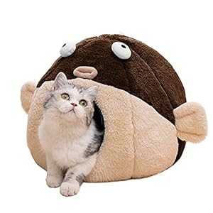 Cat Beds for Indoor Cats – Cat Bed Cave with Removable Washable Cushioned Pillow, Soft Plush Premium Cotton No Deformation Pet Bed, Lively Pufferfish Cat House Design, Brown, Multiple Sizes(L)
