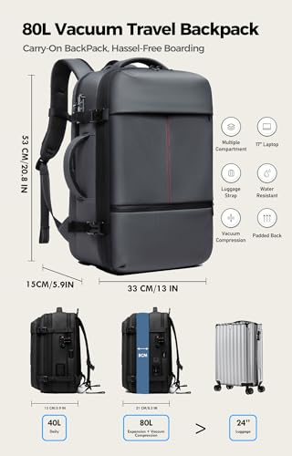 Image of IKYWT 80L Vacuum Seal Travel Backpack with Compression System | Expandable, 5kPa High Power Pump, 17 inch Laptop Compartment, TSA Lock, Water-Resistant