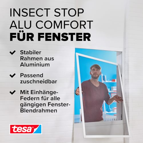 tesa Insect Stop ALU Comfort Fliegengitter für Fenster - Insektenschutz mit Rahmen aus Aluminium - Fliegen Netz ohne Bohren - Weiß, 100 cm x 120 cm