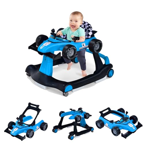 Image of GLACER Foldable Baby Walker, 4-in-1 Infant Walker with Adjustable Height & Speed, Music, Light, Steering Wheel & Washable Cushion, Baby Walker Activity Center for Boys Girls 6 -18 Months (Blue)