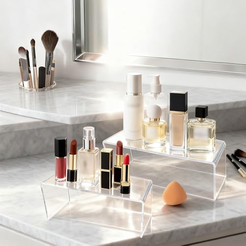 CafullCon 6Stück Acryl Regal, 6 Größen Acryl Riser Display Ständer, klare rechteckige Tiered Display Stand, Schmuck Display Halter Cupcake Dessert Ständer Halter für Pop Figuren Sammlerstücke Kosmetik