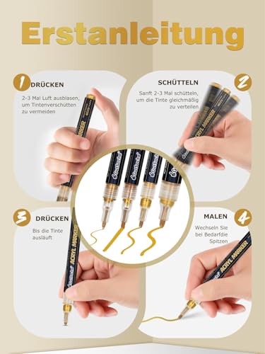 DealKits 5x Goldene Acrylstifte, Deckende Acrylmarker für Holz Glas Papier Stein, Schnelltrocknend Wasserfest Acrylic Marker Brush Pen Kalligrafie Stift, Kreidestifte für Tafel Abwaschbar
