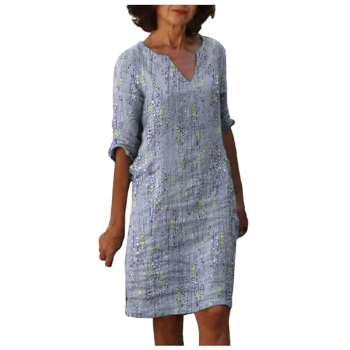 Ladies Summer Midi Dresses with Sleeves Linen Casual Holiday Shfit Dresses for Women UK V Neck A-line Dress Sundress Solid Elegant Dress Blue XXL