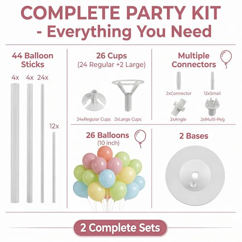 Image of Balloon Column Kit Set of 2,Anti-Tip Sand-Fill Base Balloon Tower Stand with 10 inch 26pc Classic Retro Colorb Balloons for Easter Birthday Wedding Bridal Party Decorations