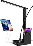 Dimmable LED Table Lamp with Pen Holder/Organizer,Study LED Desk Lamp with USB Charging Port/Type C Port/Outlets/Storage Box/Touch,Kids Desk Reading Light for Students,Dorm Room Essential for College