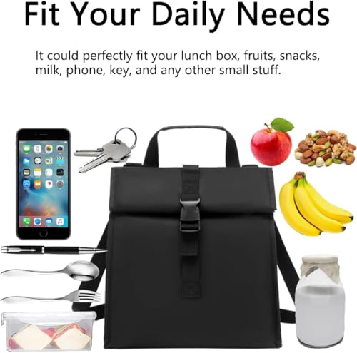 Image of Insulated Lunch Bag with Roll-Top Closure, Adjustable Shoulder Strap, Black, Multiple Colours Available (SQ)