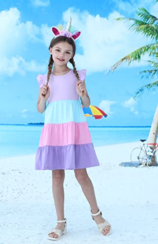 Girl Summer Swing Dress Ruffle Short Sleeve Cotton Casual Purple Color Block Tiered Twirly Playwear Sundress 6 Years #TOP4