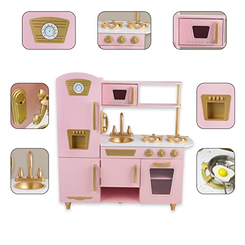 WoodenEdu Kitchen Playset for Kids Ages 3-8, Wooden Pretend Play Kitchen, Including Telephone, Ice Maker, Refrigerator, Dimensions: 35” H x 31” W x 12” D (Pink)