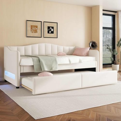 YEHTOKHOME Lit de Jour Moderne 90x200cm avec Dossier et accoudoirs,Simple canapé-lit avec éclairage LED et sommier à Lattes,avec Multifonctionnel lit...