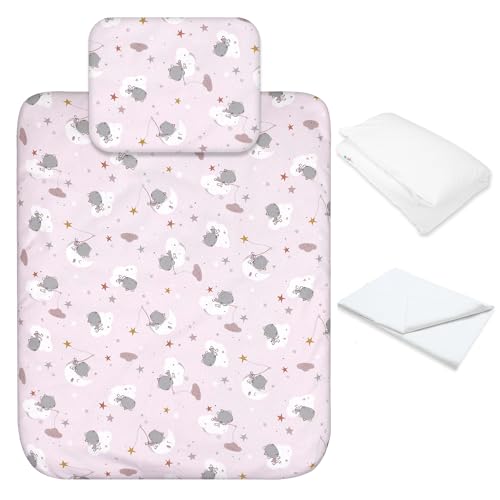 baby idea Babysanity Lenzuola Next To Me Compatibili 4 pezzi: Federa Cuscino, Piumino, Copripiumino, Lenzuolo Angoli per Culla Lettino Neonato - Chicco Kinderkraft Cam Brevi OEKO-TEX (Orso Luna Rosa)