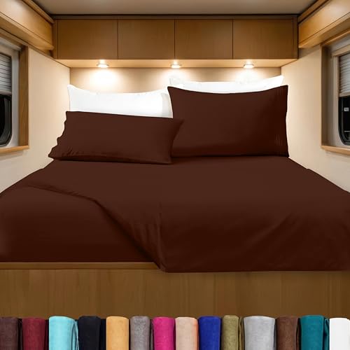 Image of Elegant Comfort Luxurious 1500 Premium Hotel Quality Microfiber Three Line Embroidered Softest 4-Piece Bed Sheet Set, Wrinkle and Fade Resistant, RV Short Queen, Brown