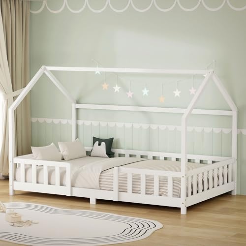ML-Design Cama Infantil 120x200 cm en Forma de Casa, Madera Maciza de Pino Blanca con Protección Anticaída, Techo y Somier de Láminas, Cuna de Suelo para Niños y Niñas, Juvenil Individual Montessori