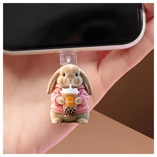 Bunny with Tea Dust Plug Acrylic Charms for electronic products,Type-C Charging Port Dust Plugs Pendant Compatible with E-Reader Phone Tablet, Gift for Christmas, Birthday, Anniversary Day