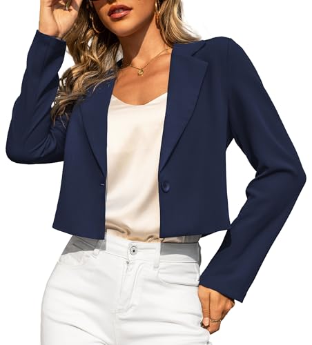 LETDIOSTO Women's Cropped Blazer - Lightweight Long Sleeve Business Casual Suit Jacket Navy Blue