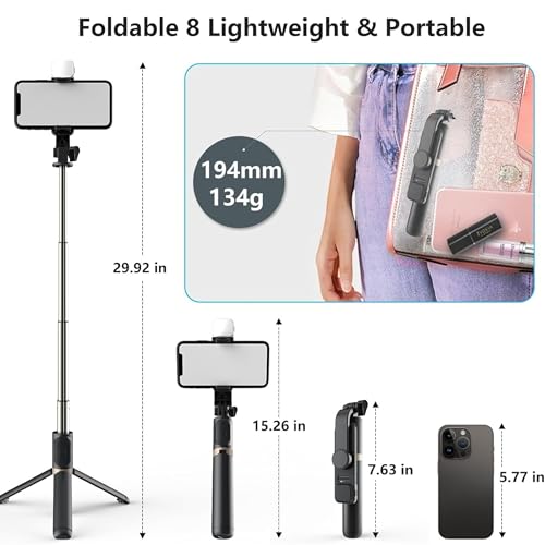Image of i17 Selfie Stick with Tripod Stand,Extendable Bluetooth Selfie Stick for Mobile Phone,LED Light,Compatible with iPhone & 360 Degree Rotation,Selfie Stick Tripod Stand 4 in 1 Photography,selfi