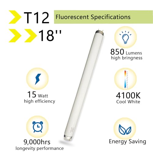 F15T12-CW Cool White 15 Watt Fluorescent Light Bulbs 4100K Lamp, T12 Linear 1.5\'\' Dia, G13 Medium 2-Pin Base Tube Replacement for Under Cabinet Light,Closet, Pack of 4