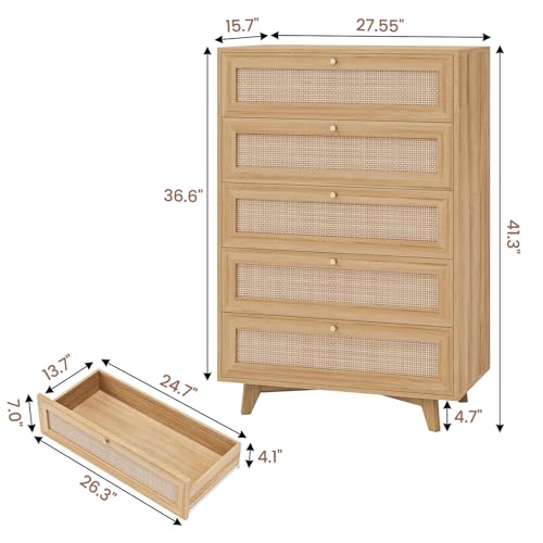 VIAGDO Rattan Dresser for Bedroom, 5 Drawer Dresser with Natural Rattan Drawers, Wooden Tall Cabinet with Gold Handles, Modern Closet Storage Chest of Drawers for Nursery Entryway Living Room - Thumbnail 2