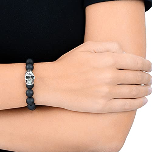 King Baby .925 Sterling Silver & 10Mm Semi-Precious Stone Unisex Stretch Bracelet With Day Of The Dead Skull Bead - Black Onyx, 7-1/2" #TOP1