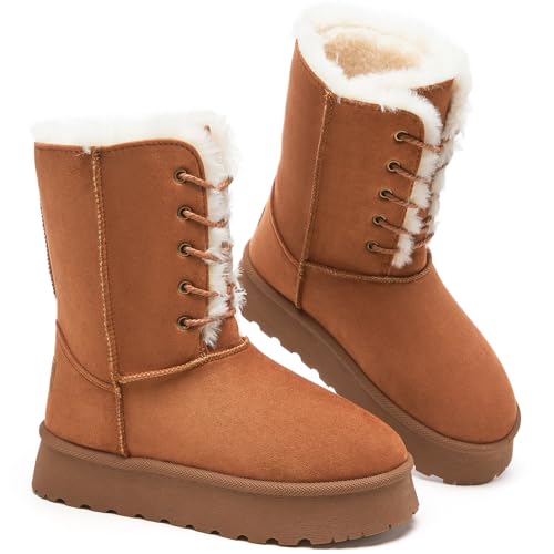 Uoidru Women's Snow Boots Mid-calf Boot Lace-up Winter Boots for Women Fur Lined Boot Womens Suede Platform Snow Boots(Chestnut08)