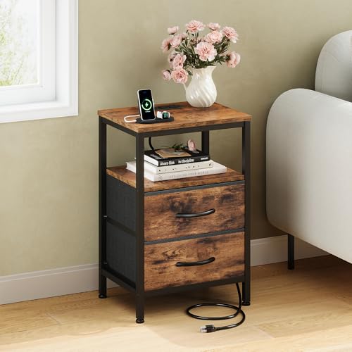 OLIXIS Nightstand with Charging Station, Bedside Table with USB Ports & Type-C, 2 Fabric Drawers Night Stand with Open Shelf, Compact End Table for Bedroom, Rustic Brown - Thumbnail 7