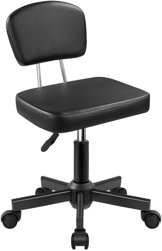 WKWKER Rolling Stool Chair with Backrest Height Adjustable 360° Swivel Stool with Wheels Square Seat PU Leather Rolling Stool for Bedroom Counter Shop Salon Massage Home Office Drafting Work (Black)